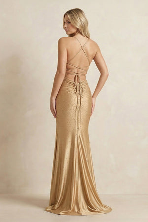 Mermaid Spaghetti Straps Beaded Maxi Dress With Slit in Gold - SHE IS ME PROM DRESSES