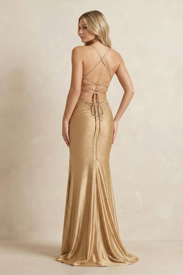 Mermaid Spaghetti Straps Beaded Maxi Dress With Slit in Gold - SHE IS ME PROM DRESSES