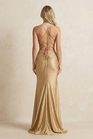 Mermaid Spaghetti Straps Beaded Maxi Dress With Slit in Gold - SHE IS ME PROM DRESSES