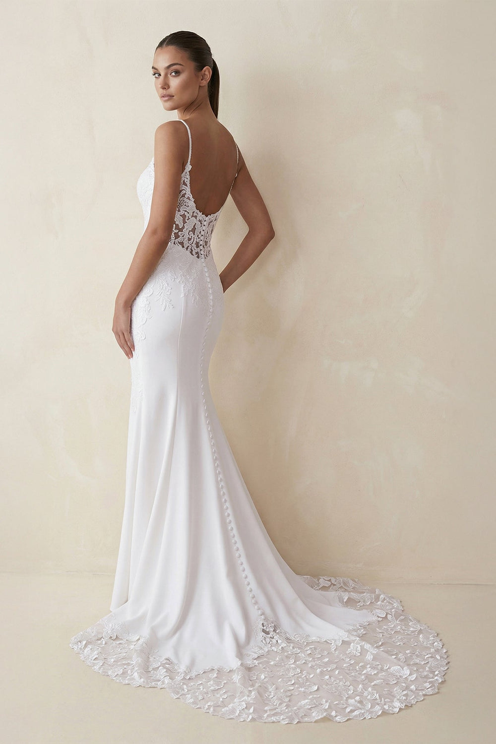 Mermaid Spaghetti Straps Lace Open Back Wedding Dress in White - SHE IS ME Wedding Dresses