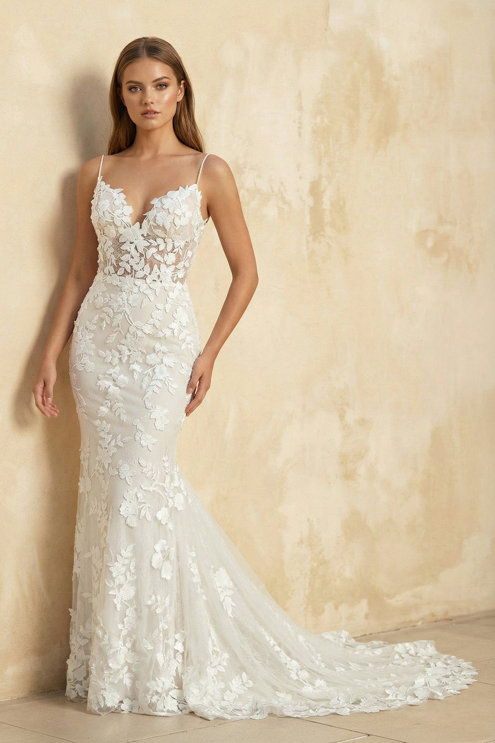 Mermaid Spaghetti Straps Lace Wedding Dress in Ivory - SHE IS ME Wedding Dresses