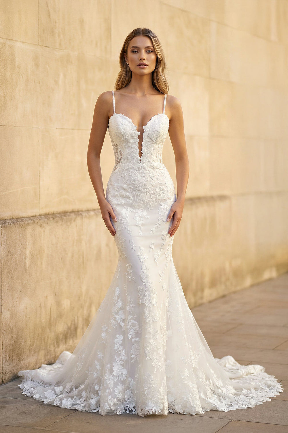 Mermaid Spaghetti Straps Lace Wedding Dress in White - SHE IS ME Wedding Dresses