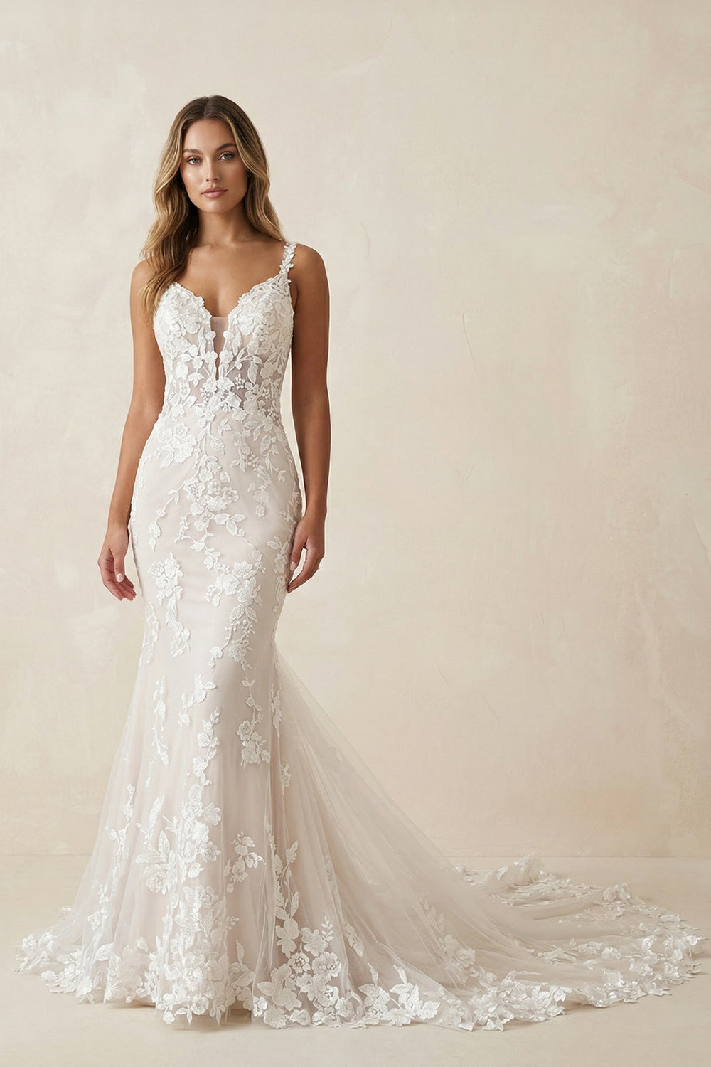 Mermaid Spaghetti Straps Lace Wedding Dress in White and Nude - SHE IS ME Wedding Dresses