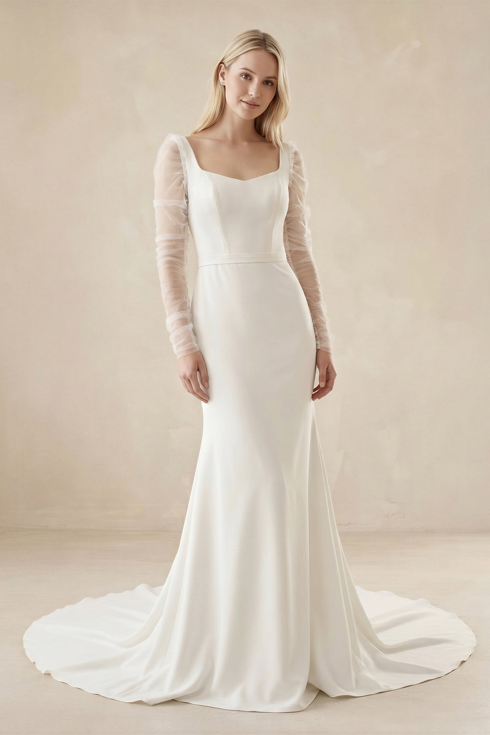 Mermaid Square Neck Long Sleeves Satin Wedding Dresses - SHE IS ME Wedding Dresses