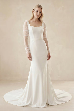 Mermaid Square Neck Long Sleeves Satin Wedding Dresses - SHE IS ME Wedding Dresses