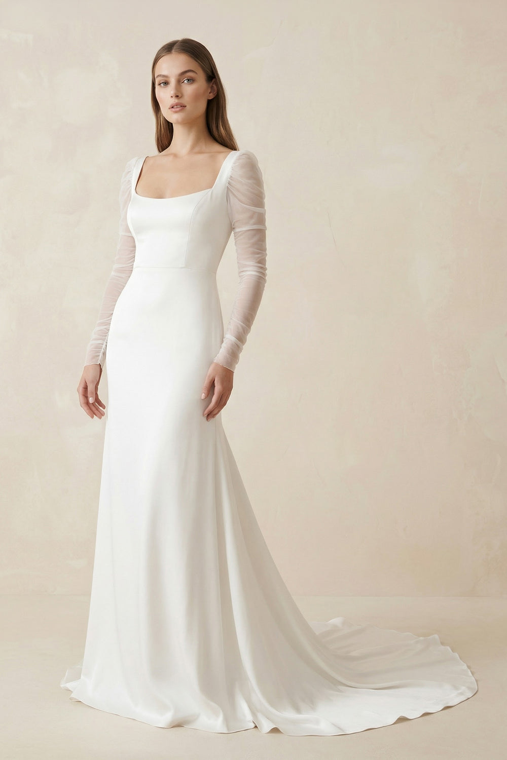 Mermaid Square Neck Long Sleeves Satin Wedding Dresses - SHE IS ME WEDDING DRESSES