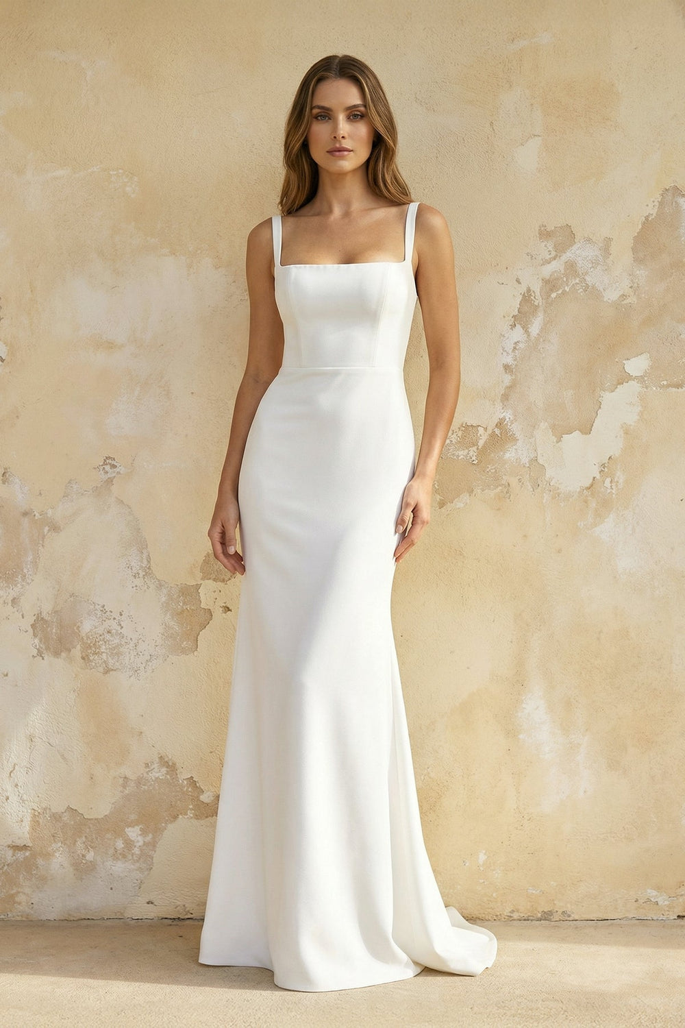 Mermaid Square Neck Satin Wedding Dress in White - SHE IS ME Wedding Dresses