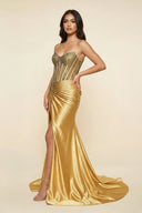 Mermaid Strapless Beaded Maxi Dress With Slit in Gold - SHE IS ME PROM DRESSES