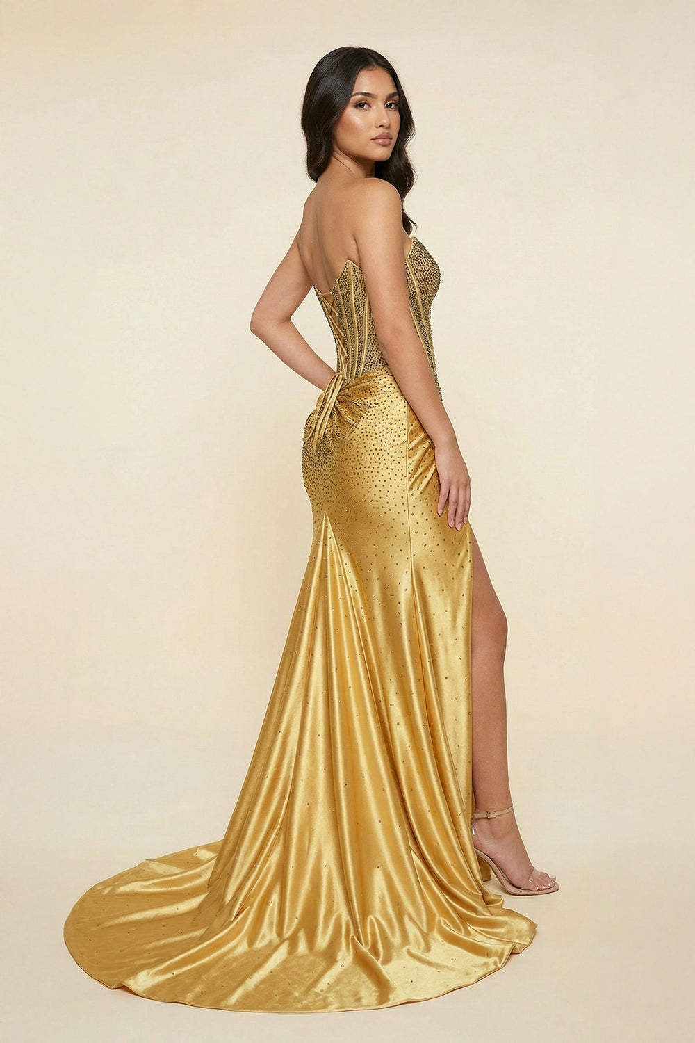 Mermaid Strapless Beaded Maxi Dress With Slit in Gold - SHE IS ME PROM DRESSES