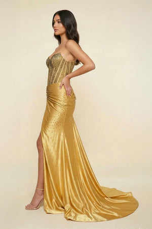 Mermaid Strapless Beaded Maxi Dress With Slit in Gold - SHE IS ME PROM DRESSES