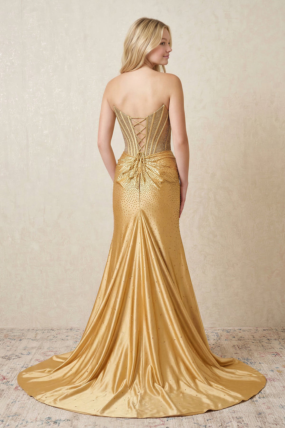 Mermaid Strapless Beaded Maxi Dress With Slit in Gold