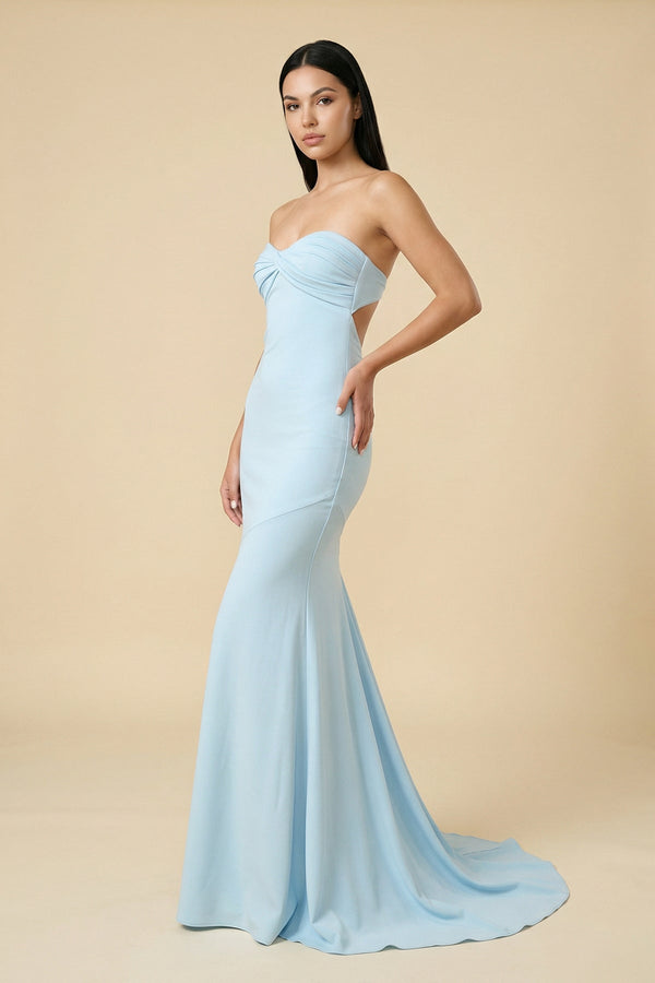 Mermaid Strapless Pleated Open Back Maxi Dress in Sky Blue - SHE IS ME PROM DRESSES