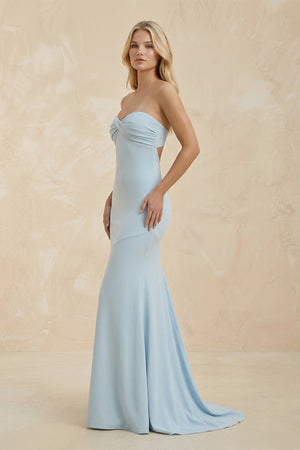 Mermaid Strapless Pleated Open Back Maxi Dress in Sky Blue - SHE IS ME PROM DRESSES