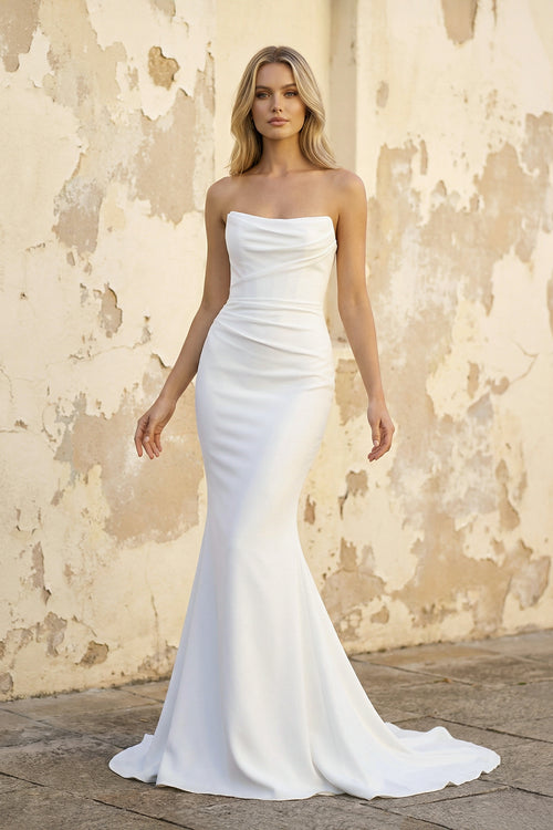 Mermaid Strapless Satin Wedding Dress in White - SHE IS ME WEDDING DRESSES