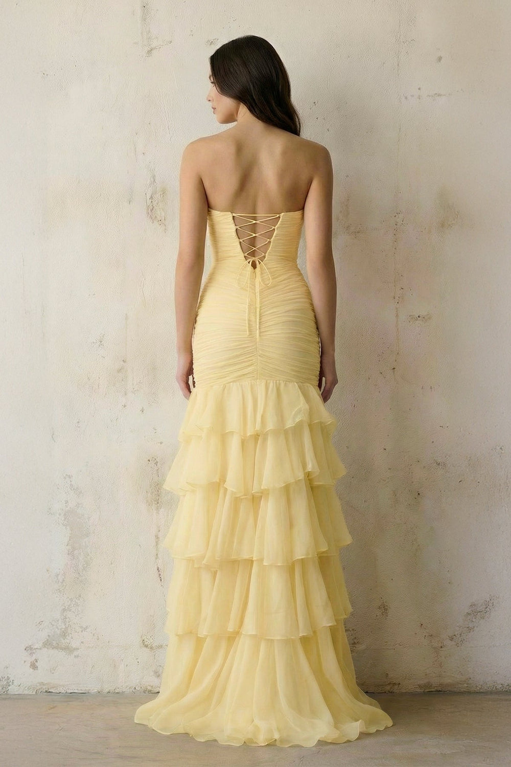 Mermaid Sweetheart Ruffled Maxi Dress With Cutout in Yellow - SHE IS ME PROM DRESSES