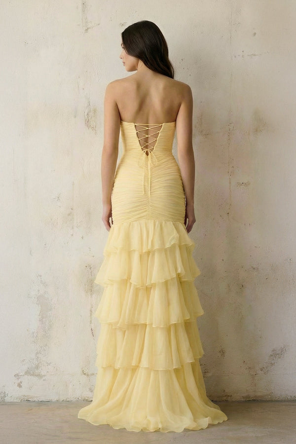 Mermaid Sweetheart Ruffled Maxi Dress With Cutout in Yellow - SHE IS ME PROM DRESSES