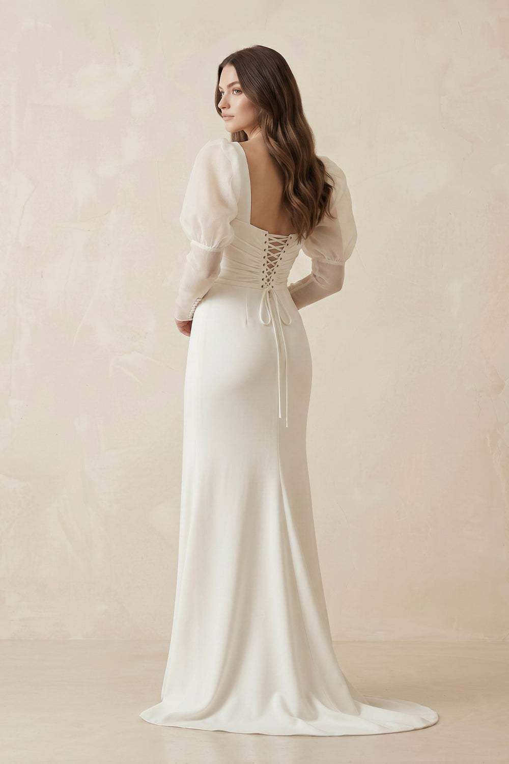 Mermaid Sweetheart Satin Long Sleeves Corset Wedding Dress in Ivory - SHE IS ME Wedding Dresses