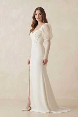Mermaid Sweetheart Satin Long Sleeves Corset Wedding Dress in Ivory - SHE IS ME Wedding Dresses