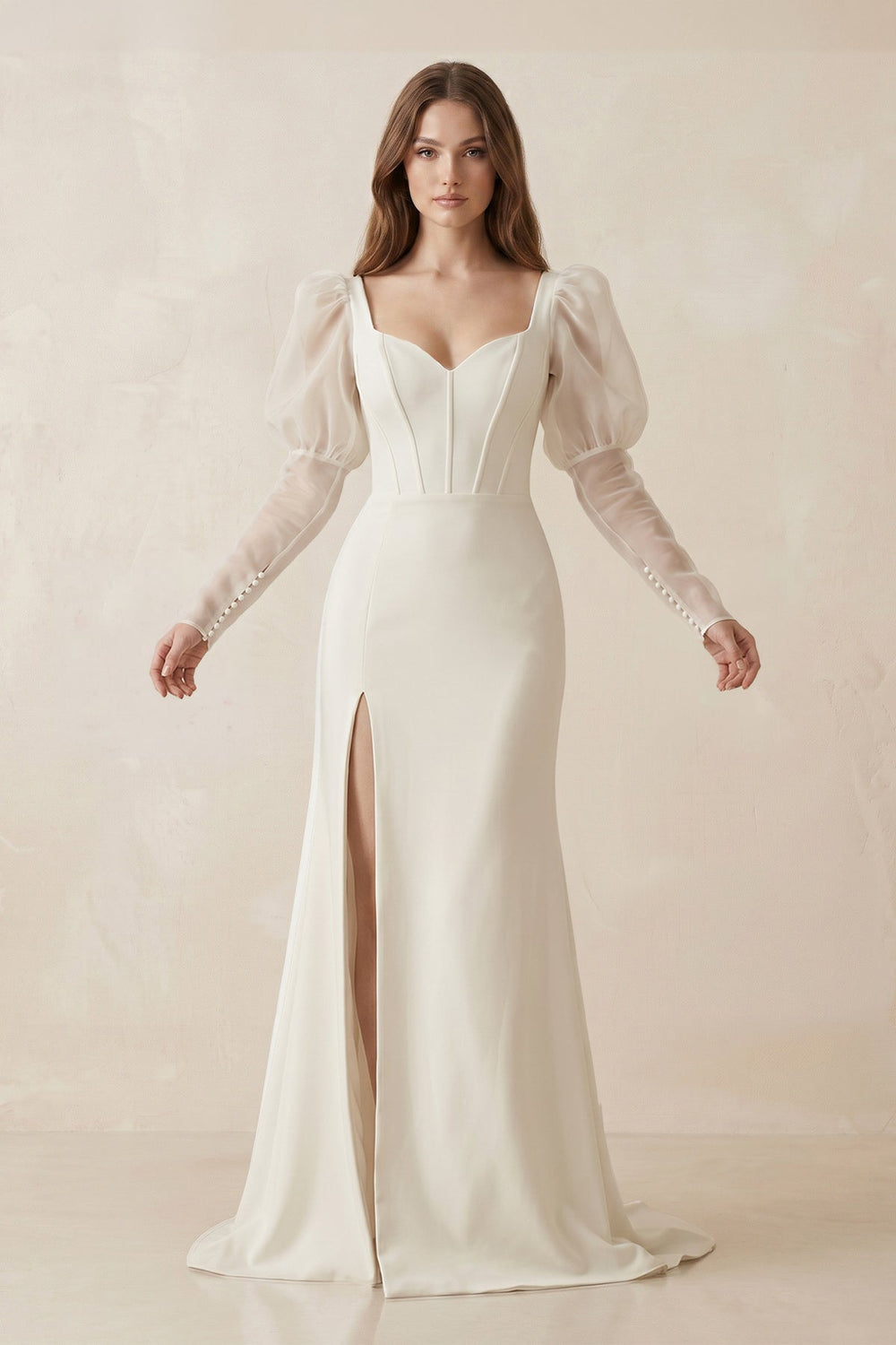 Mermaid Sweetheart Satin Long Sleeves Corset Wedding Dress in Ivory - SHE IS ME Wedding Dresses