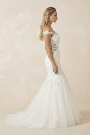 Mermaid Tulle Appliqued Off - the - Shoulder Wedding Dress in White - SHE IS ME Wedding Dresses