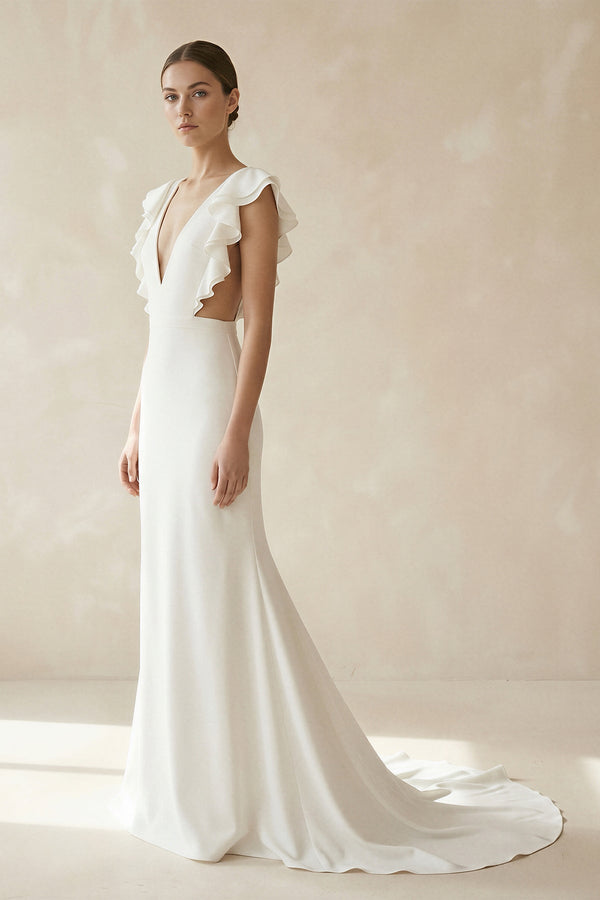 Mermaid V Neck Cap Sleeves Satin Wedding Dress in Ivory - SHE IS ME Wedding Dresses