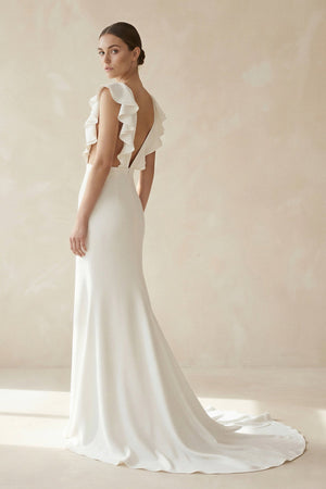 Mermaid V Neck Cap Sleeves Satin Wedding Dress in Ivory - SHE IS ME Wedding Dresses