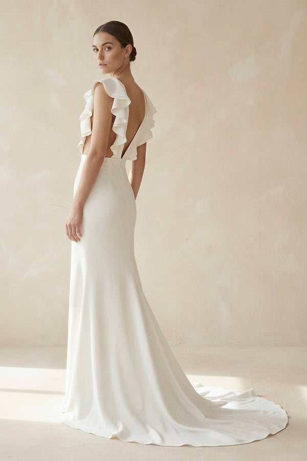 Mermaid V Neck Cap Sleeves Satin Wedding Dress in Ivory - SHE IS ME Wedding Dresses