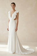 Mermaid V Neck Cap Sleeves Satin Wedding Dress in Ivory - SHE IS ME Wedding Dresses