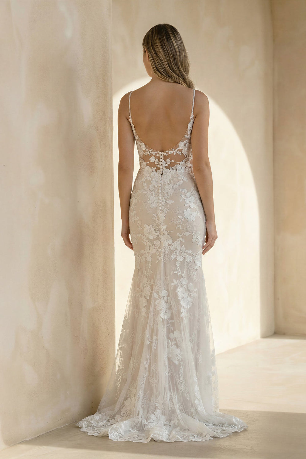 Mermaid V Neck Lace Wedding Dress in White and Nude - SHE IS ME Wedding Dresses