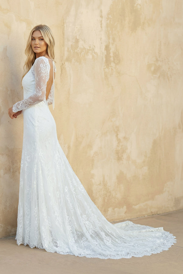 Mermaid V Neck Long Sleeves Lace Wedding Dress in Ivory - SHE IS ME Wedding Dresses