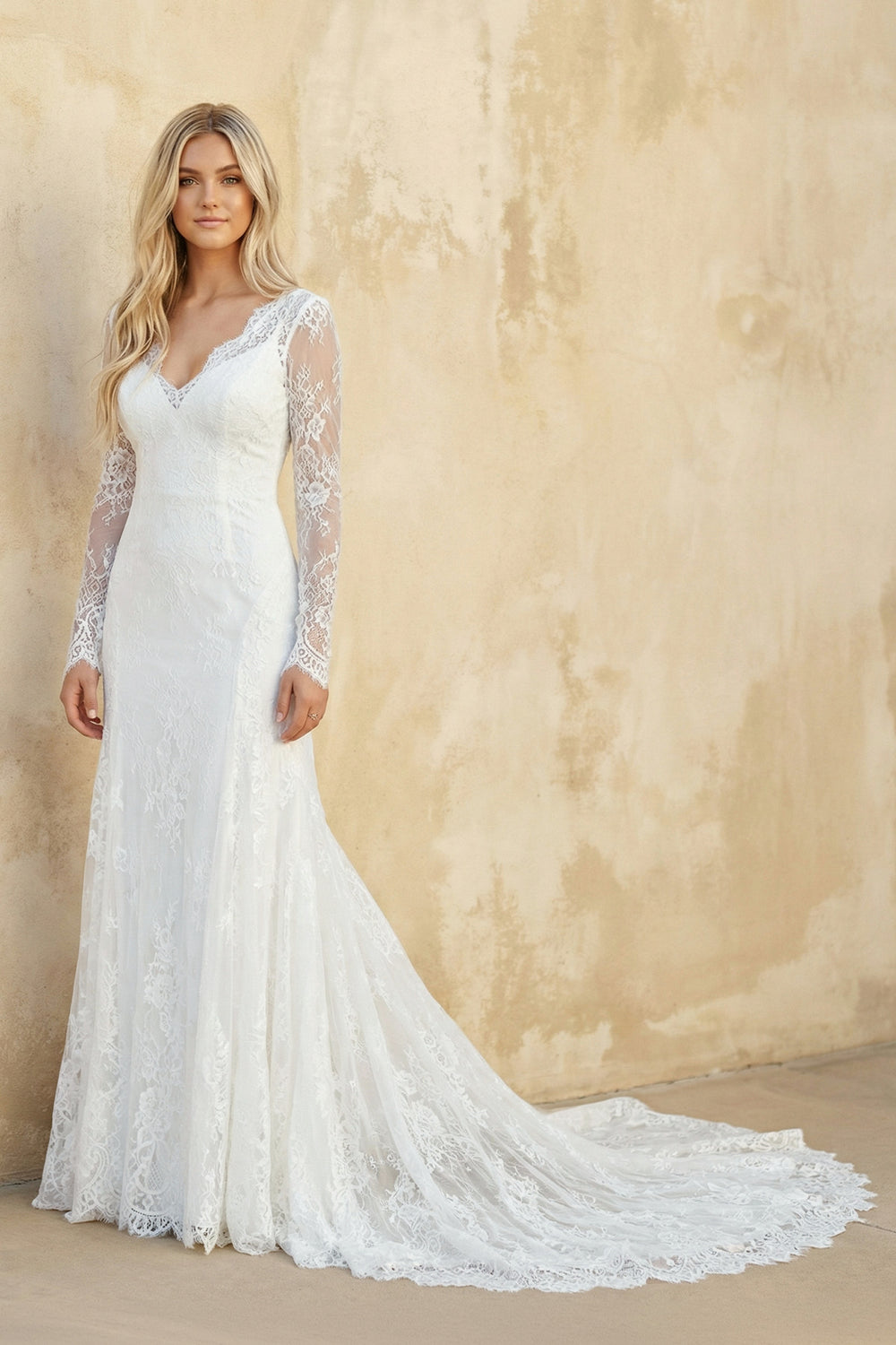 Mermaid V Neck Long Sleeves Lace Wedding Dress in Ivory - SHE IS ME WEDDING DRESSES