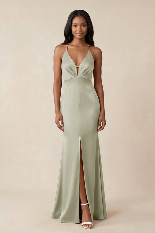 Mermaid V - Neck Satin Bridesmaid Dress With Slit in Frost - SHE IS ME Bridesmaid Dresses