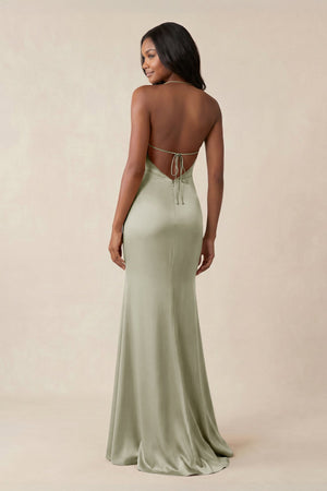 Mermaid V - Neck Satin Bridesmaid Dress With Slit in Frost - SHE IS ME Bridesmaid Dresses