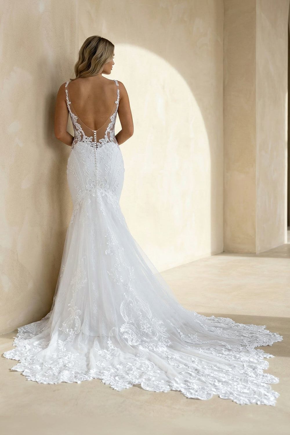 Mermaid V Neck Satin Lace Wedding Dresses in White - SHE IS ME Wedding Dresses