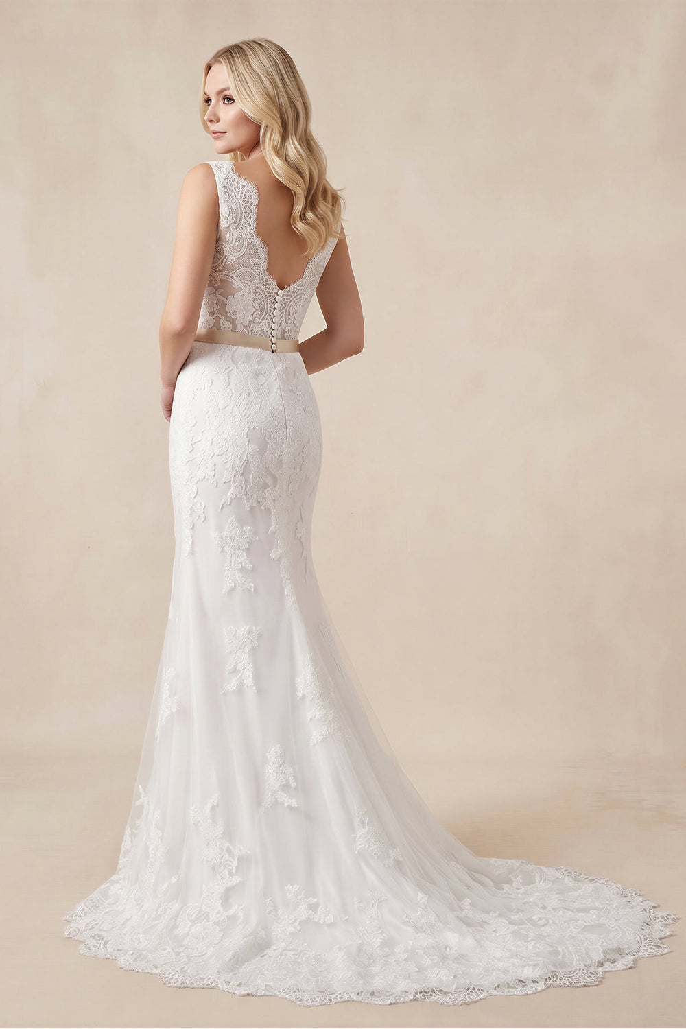 Mermaid V Neck Tulle Appliqued Wedding Dress With Waist Embellishment in White - SHE IS ME Wedding Dresses