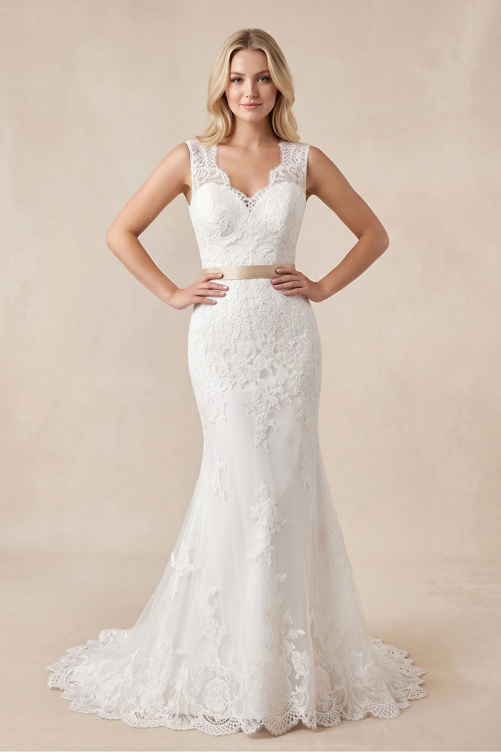 Mermaid V Neck Tulle Appliqued Wedding Dress With Waist Embellishment in White - SHE IS ME Wedding Dresses