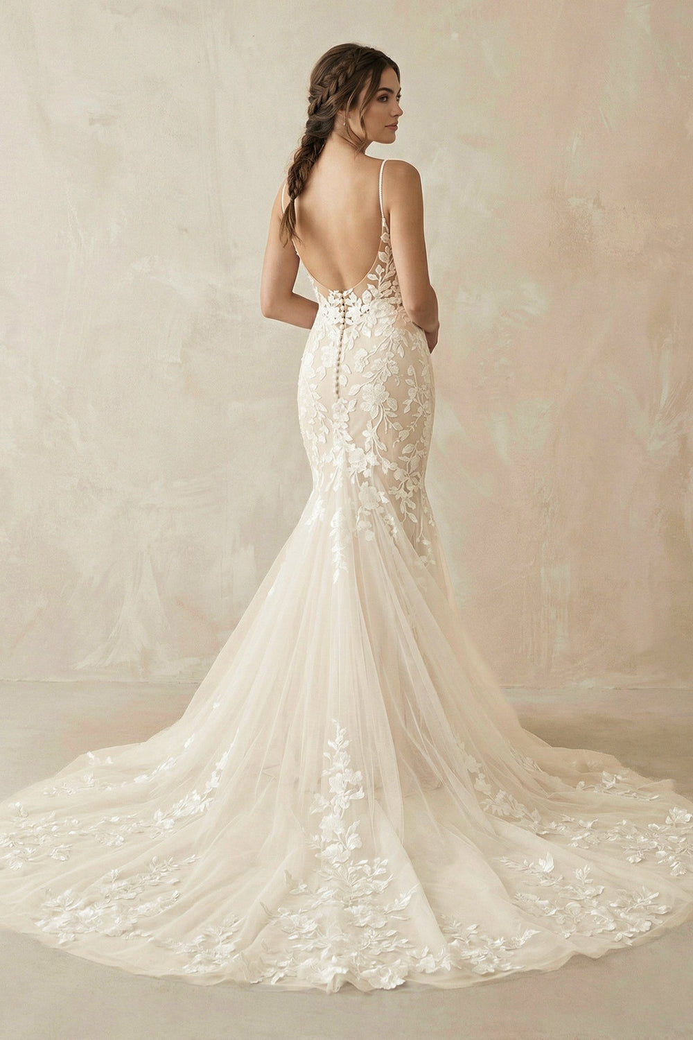 Mermaid V Neck Tulle Wedding Dresses with Appliques in Ivory - SHE IS ME Wedding Dresses