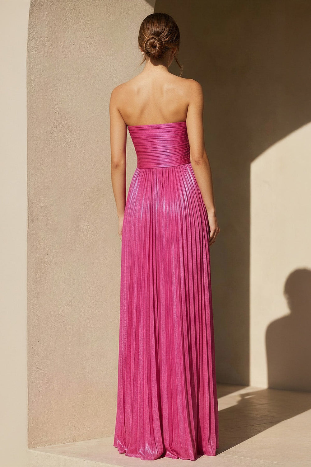Metallic Pleated Gown With Cutout in Fuchsia - SHE IS ME
