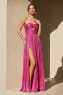Metallic Pleated Gown With Cutout in Fuchsia - SHE IS ME