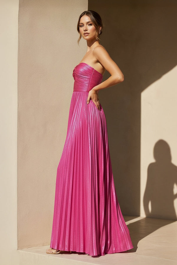 Metallic Pleated Gown With Cutout in Fuchsia - SHE IS ME