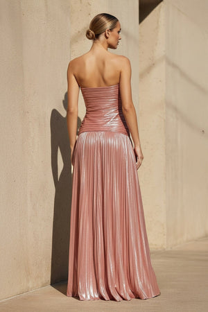 Metallic Pleated Gown With Cutout in Rose Gold - SHE IS ME