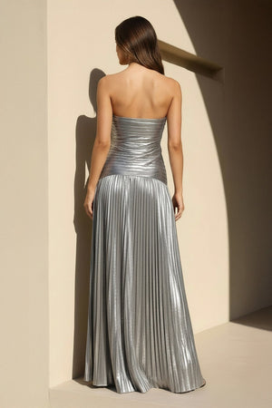 Metallic Pleated Gown With Cutout in Silver - SHE IS ME