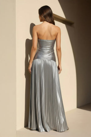 Metallic Pleated Gown With Cutout in Silver - SHE IS ME PROM DRESSES