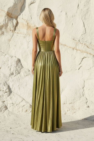 Metallic Pleated Gown With Slit in Olive - SHE IS ME