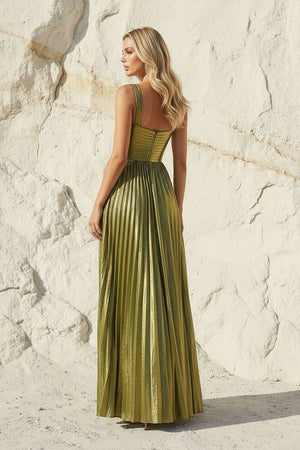 Metallic Pleated Gown With Slit in Olive - SHE IS ME