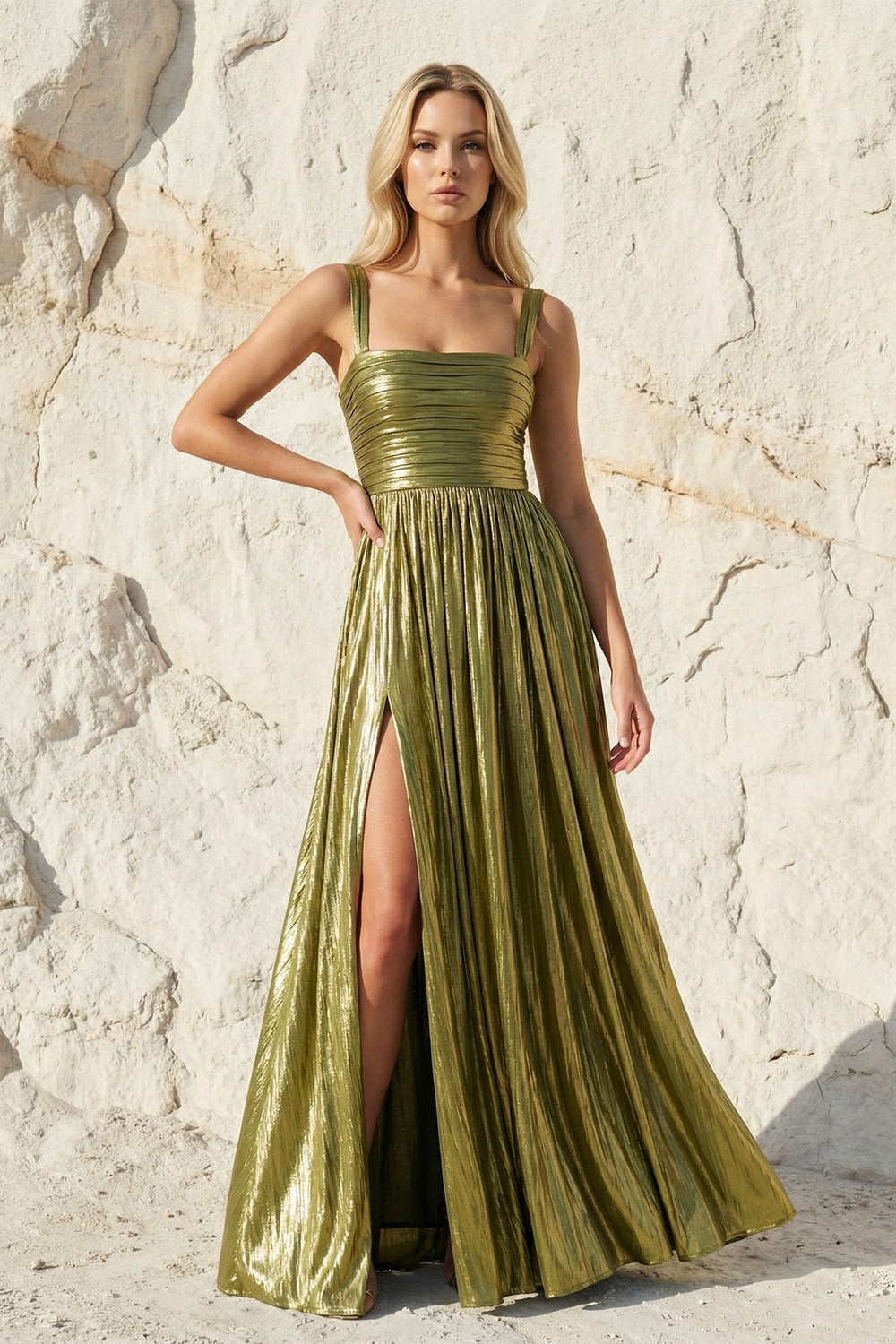 Metallic Pleated Gown With Slit in Olive - SHE IS ME