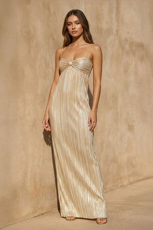 Metallic Pleated Maxi Dress in Champagne - SHE IS ME