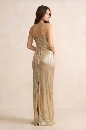 Metallic Pleated Maxi Dress in Champagne - SHE IS ME
