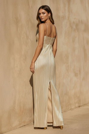 Metallic Pleated Maxi Dress in Champagne - SHE IS ME
