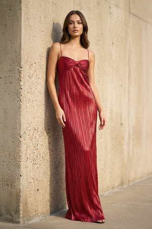 Metallic Pleated Maxi Dress in Red - SHE IS ME